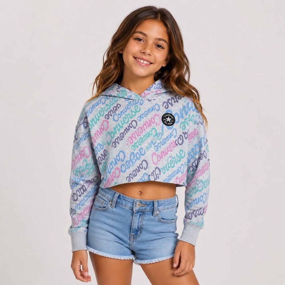 Kids Converse All Star Hoodie Pullover Gray Multi Color Logo Print Size S